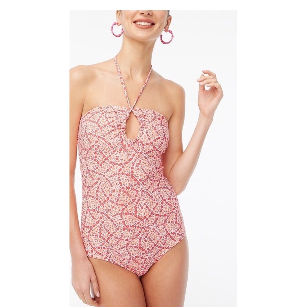 J. Crew NWT Keyhole One-Piece Swimsuit Pink Red Coral White BP354 Small